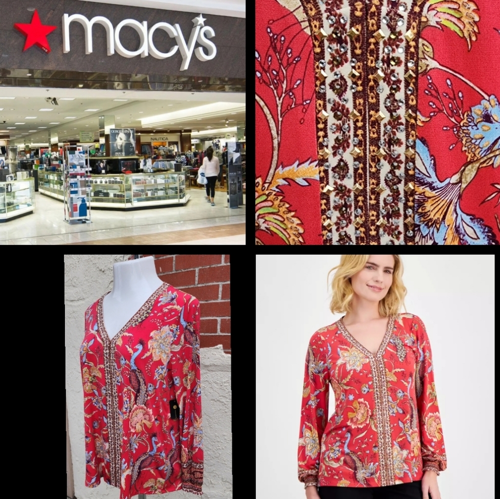 Large JM COLLECTION red long sleeve peacock bird floral stretchy v-neck shirt